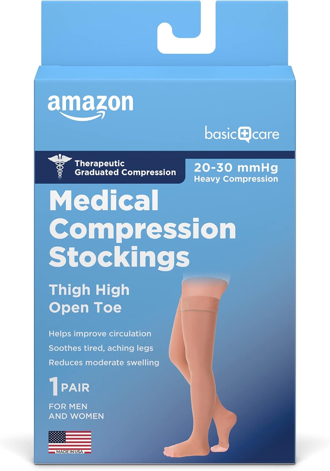 Amazon Basic Care Medical Compression Stockings, 20-30 mmHg Support, Women & Men Thigh Length Hose, Open Toe, Beige, Medium (Previously NuVein)