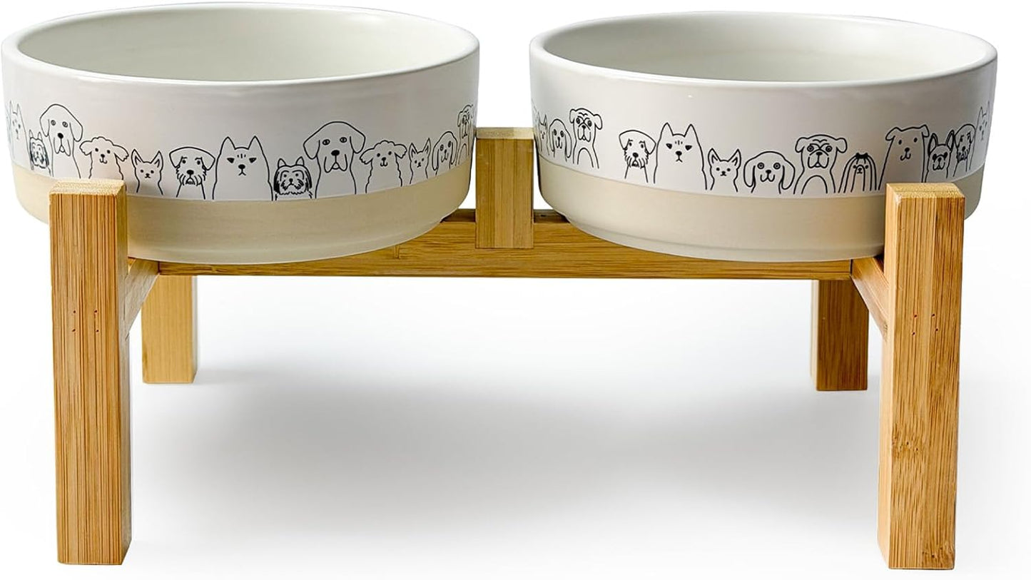 Elevated Ceramic Dog Bowls with Wooden Stand，6.1inch Raised Dog Bowls with Cute Pattern for Small and Medium Breed Dogs,2 Pack Dogs Food and Water Bowl Set,Weighted Pet Dishes Dishwasher Safe