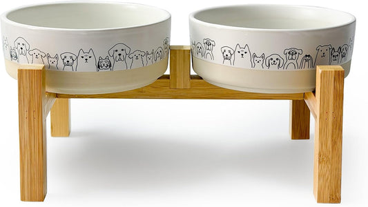 Elevated Ceramic Dog Bowls with Wooden Stand，6.1inch Raised Dog Bowls with Cute Pattern for Small and Medium Breed Dogs,2 Pack Dogs Food and Water Bowl Set,Weighted Pet Dishes Dishwasher Safe