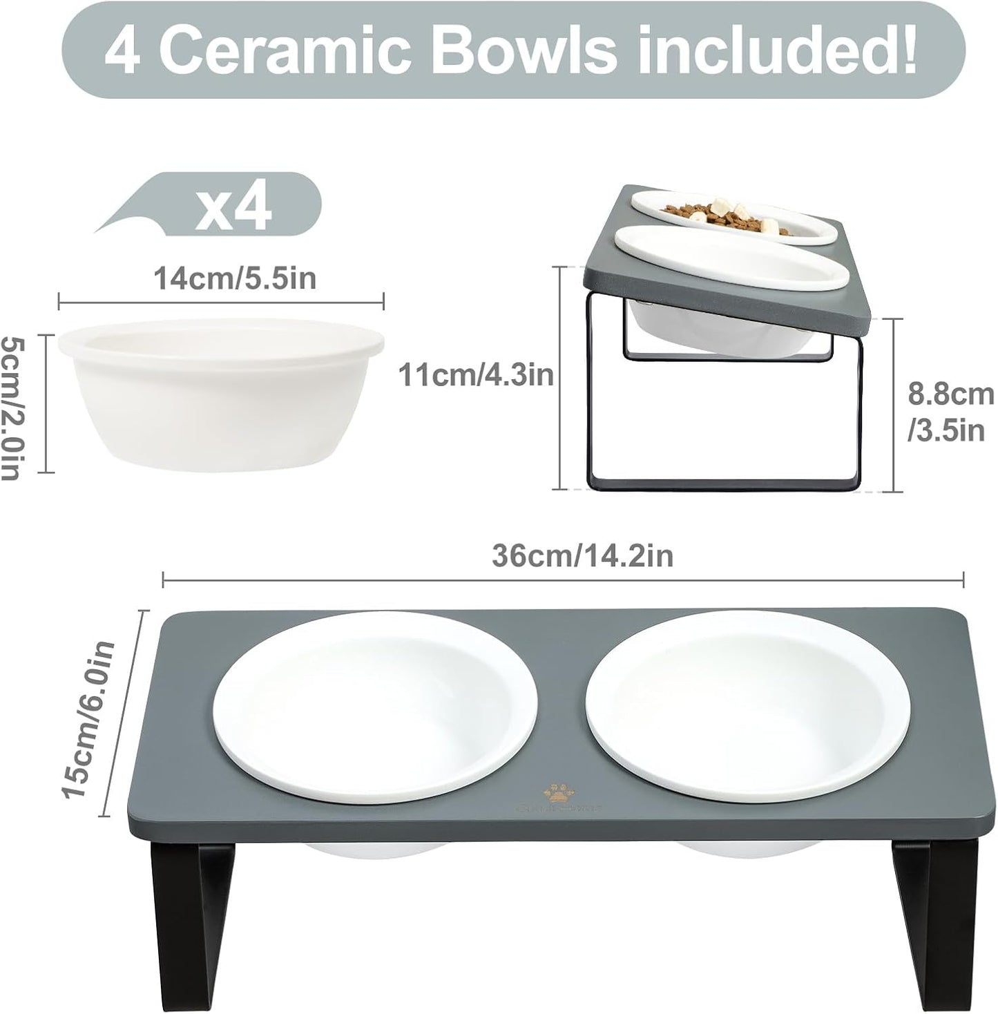 Sunhoo Elevated Cat Bowls for Indoor Cats Ceramic Kitty Dish Food Water Raised Tilted Puppy Feeding Sation with 4 Dishes Wooden Stand Pet Feeder Metal Legs Orthopedic ReducesVomiting（Grey）