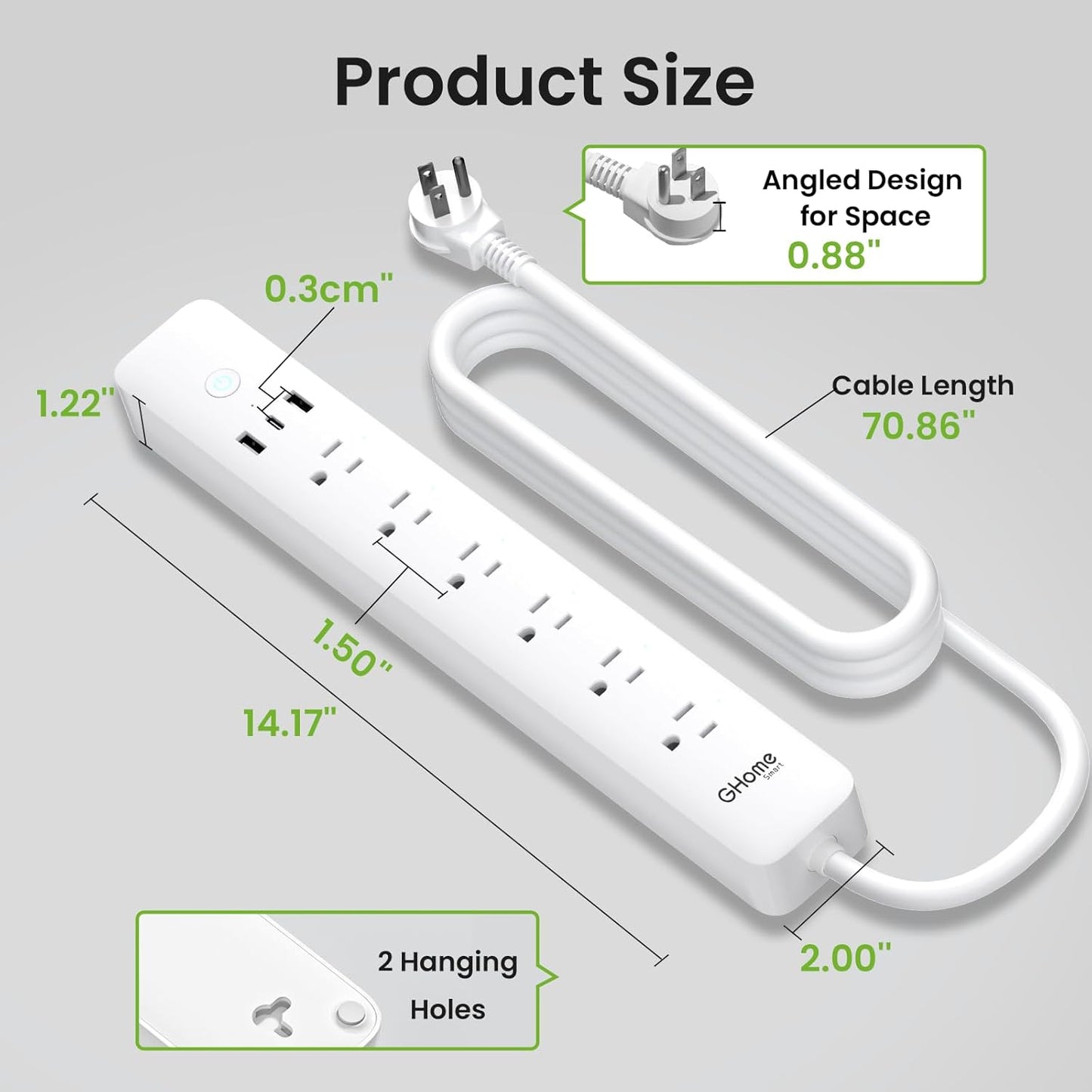 GHome Smart Power Strip 15A, 2.4G WiFi Smart plugs that work with Alexa & Google Home, Surge Protector Flat Plug with 6 APP Control WiFi outlets, FCC Listed, 7.18 ft flat extension cord, No Hub Needed