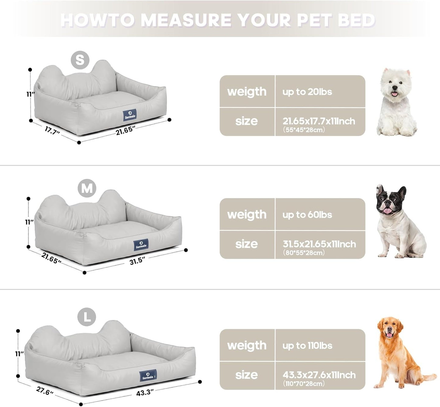 EarsUp Dog Bed 43Inch Leather Dog Sofa, Detachable Orthopedic Puppy Beds, Rectangle Pet with Non-Slip Bottom, Waterproof, Machine Washable (Gray)