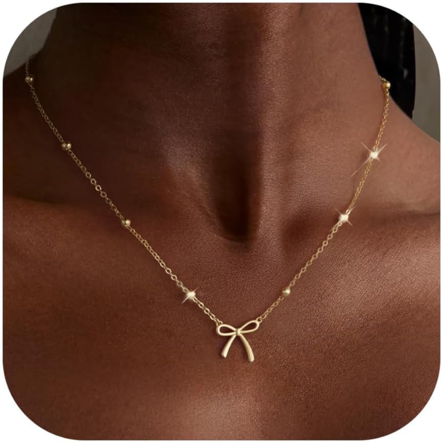 Easter Basket Stuffers - Dainty Bow Necklace for Women 14K Gold Plated Cute Choker Small Pendant Charm Necklaces Teen Gift Trendy Stuff Personalized Jewelry