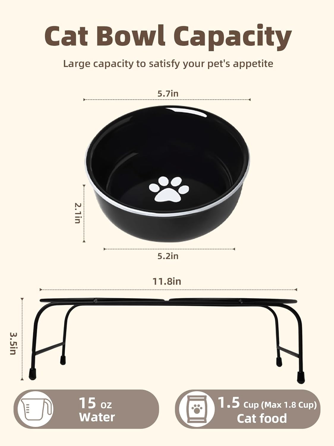 GDCZ Porcelain Raised Cat Bowls with Heighten Metal Stand and Non Slip Bottom 15 Ounces (Black)