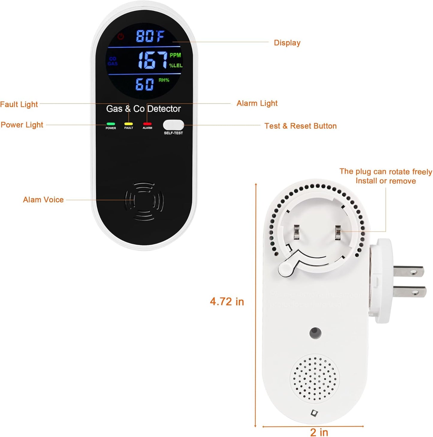 Koabbit Explosive-Gas & Carbon-Monoxide-Detectors, Plug in Carbon Monoxide Alarm,Natural Gas Detector,4-in-1 Combustible Gas & CO Detector with Fahrenheit(°F) & Humidity for Home,RV,Apartment
