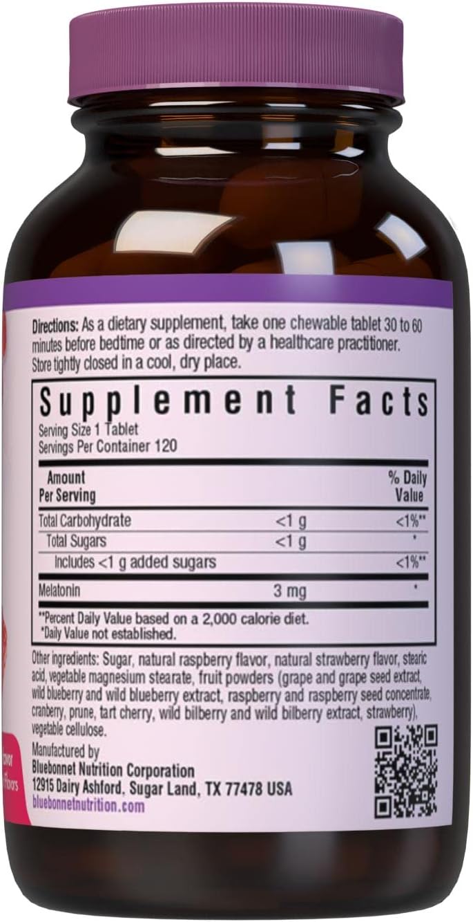 Bluebonnet Nutrition EarthSweet Melatonin 3 mg Fast-Acting Quick Dissolve Nighttime Relaxation & Restful Sleep Support - Sleep Aid - Gluten-Free, Vegan - Raspberry Flavor - 120 Chewable Tablets