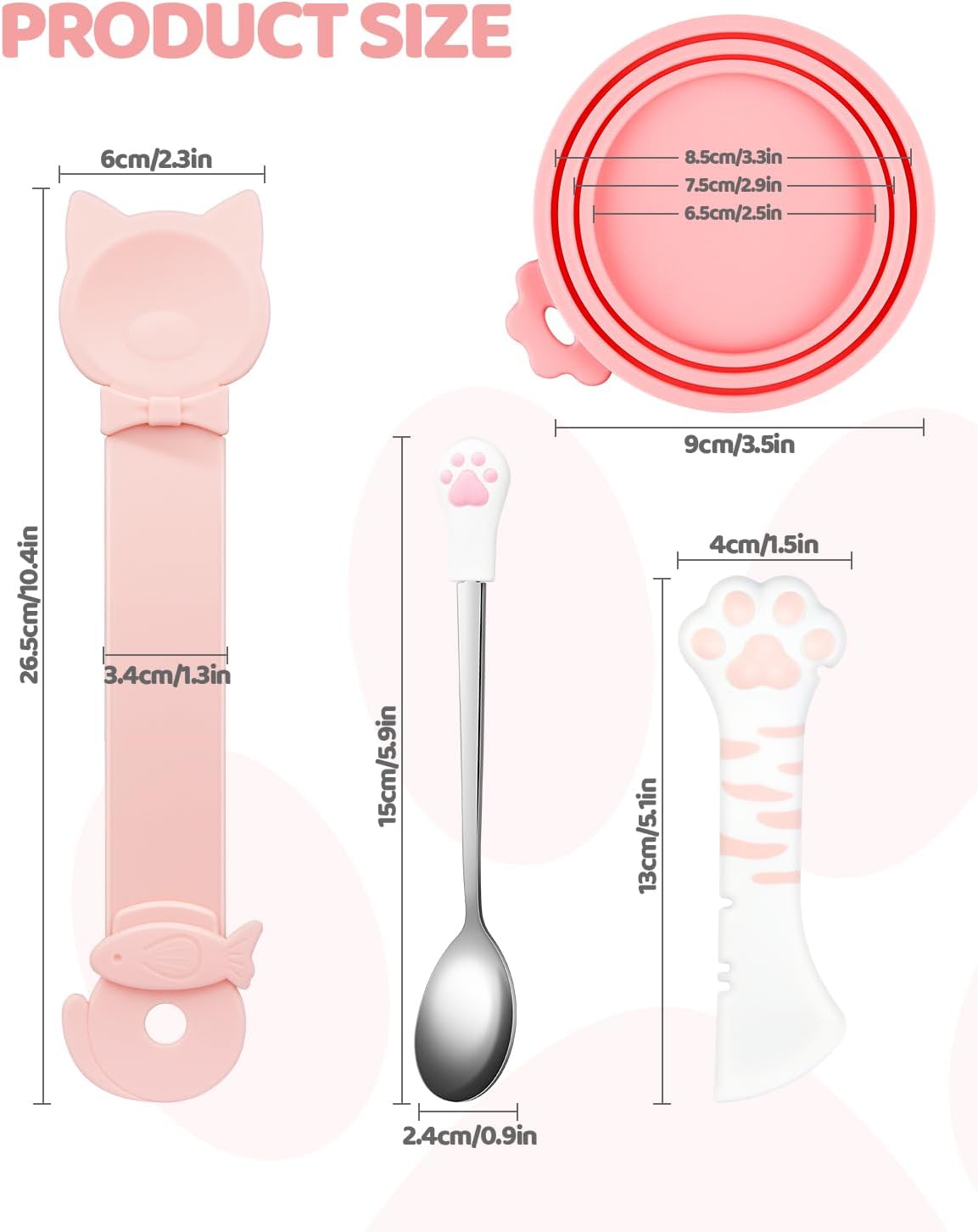 5 PCS Cat Food Can Covers Lids Set, Silicone Pet Food Can Lids with Multi-Function Cat Food Spoon and Opener, Cat Bar Squeezer, Stainless Steel Wet Food Spoon for Cats and Dogs (Pink)