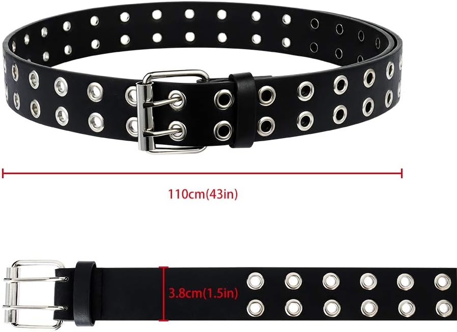 2 Pack Double Grommet PU Leather Punk Belt, 2 Hole Grommet Jeans Belt for Women & Men, Multi, Medium