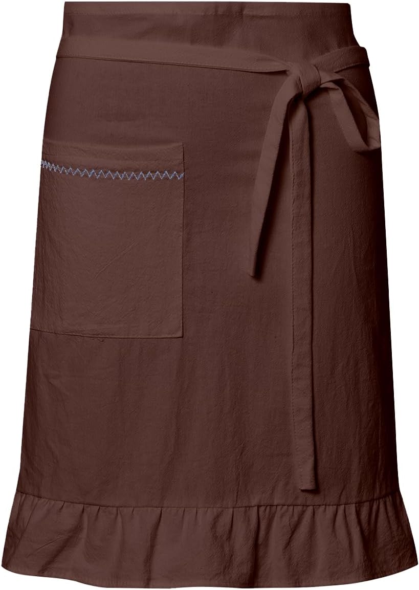 Half Apron for Women, Linen Cotton Ruffle Adjustable Waist Apron With Pocket Waitress Apron for Gardening Kitchen (Brown)