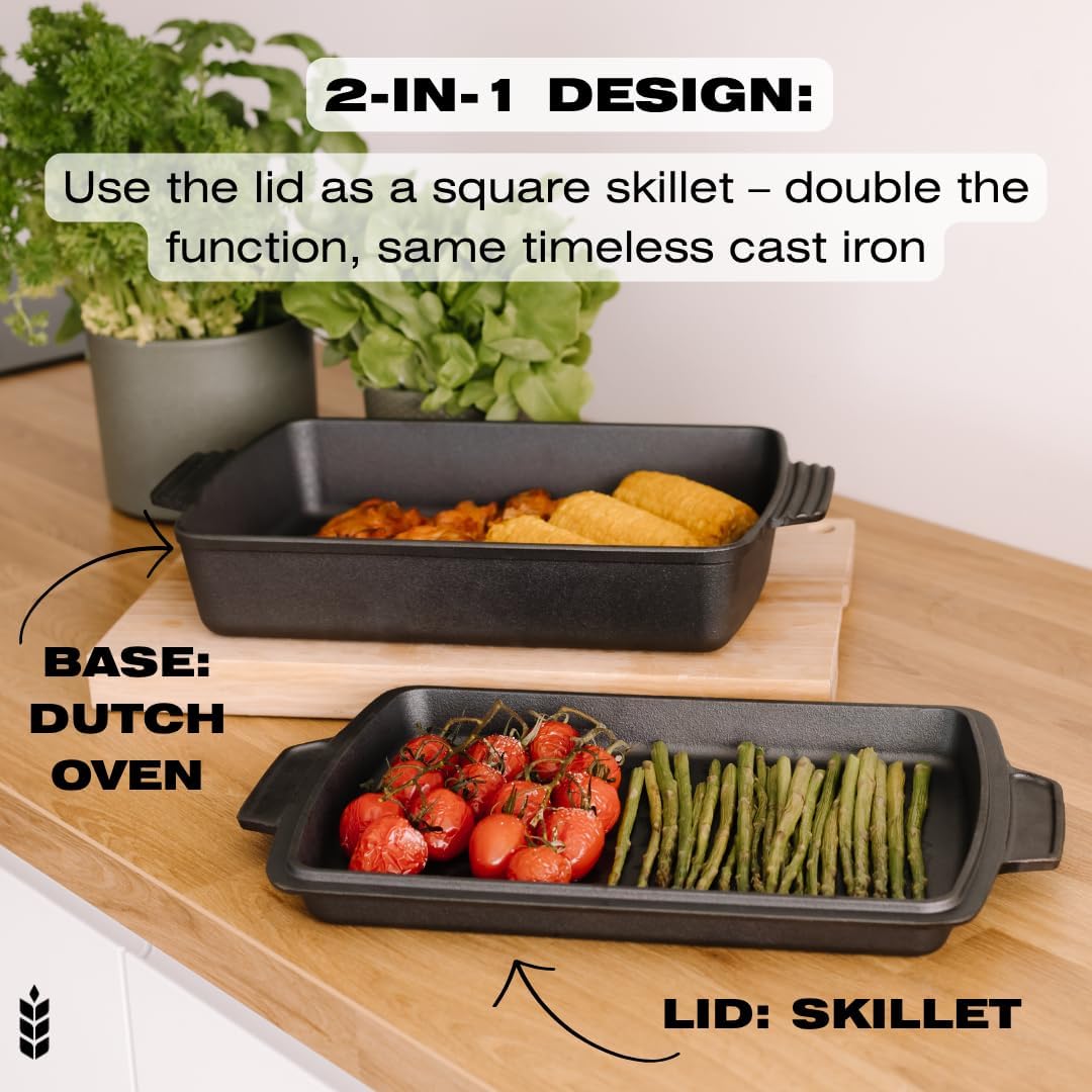 KUHA Square Cast Iron Dutch Oven 2-in-1 | Pre-Seasoned Cast Iron Cookware | Skillet Lid & Casserole Dish | For Baking, Roasting & Grilling | Chainmail Scrubber Included | 13" x 9", 6 QT
