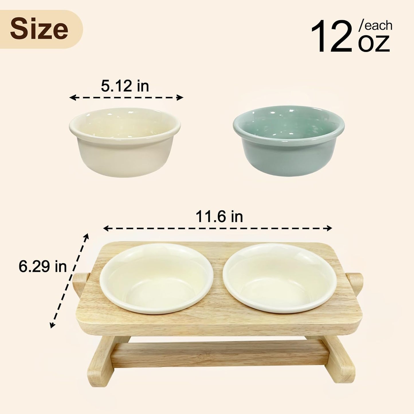 Elevated Cat Bowl, 12 Ounce Ceramic Raised Cat Bowl for Dry and Wet Food, 2 Dishs with Adjustable Wood Stand, for Indoor Kitten, Cats and Puppy, Dishwasher Safe (Cream+Green
