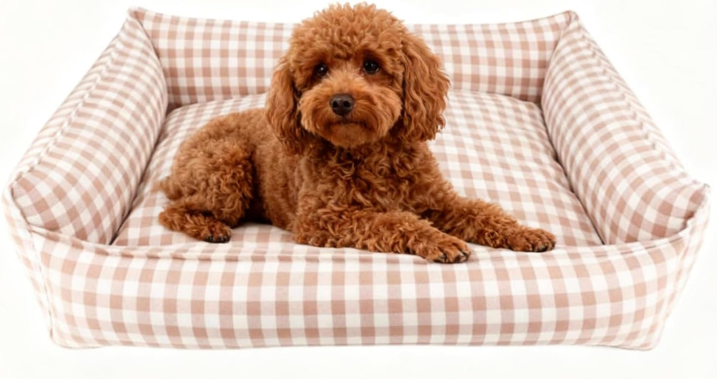 Cute Gingham Dog Bed for Small Dogs with Removable Cover All-Season Washable Plaid Dog Lounger for Pups (Beige Bed, X-Large)