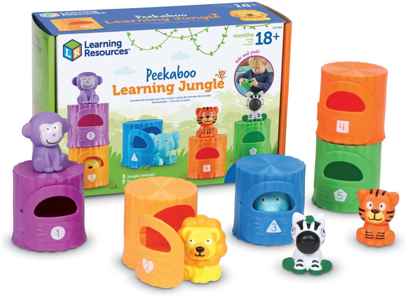 Learning Resources Peekaboo Learning Jungle Toddler - 10 Pieces, Ages 18 Months + , Toddler Montessori Toys, Stacking Shape, Sorting and Matching Skill, Educational Games