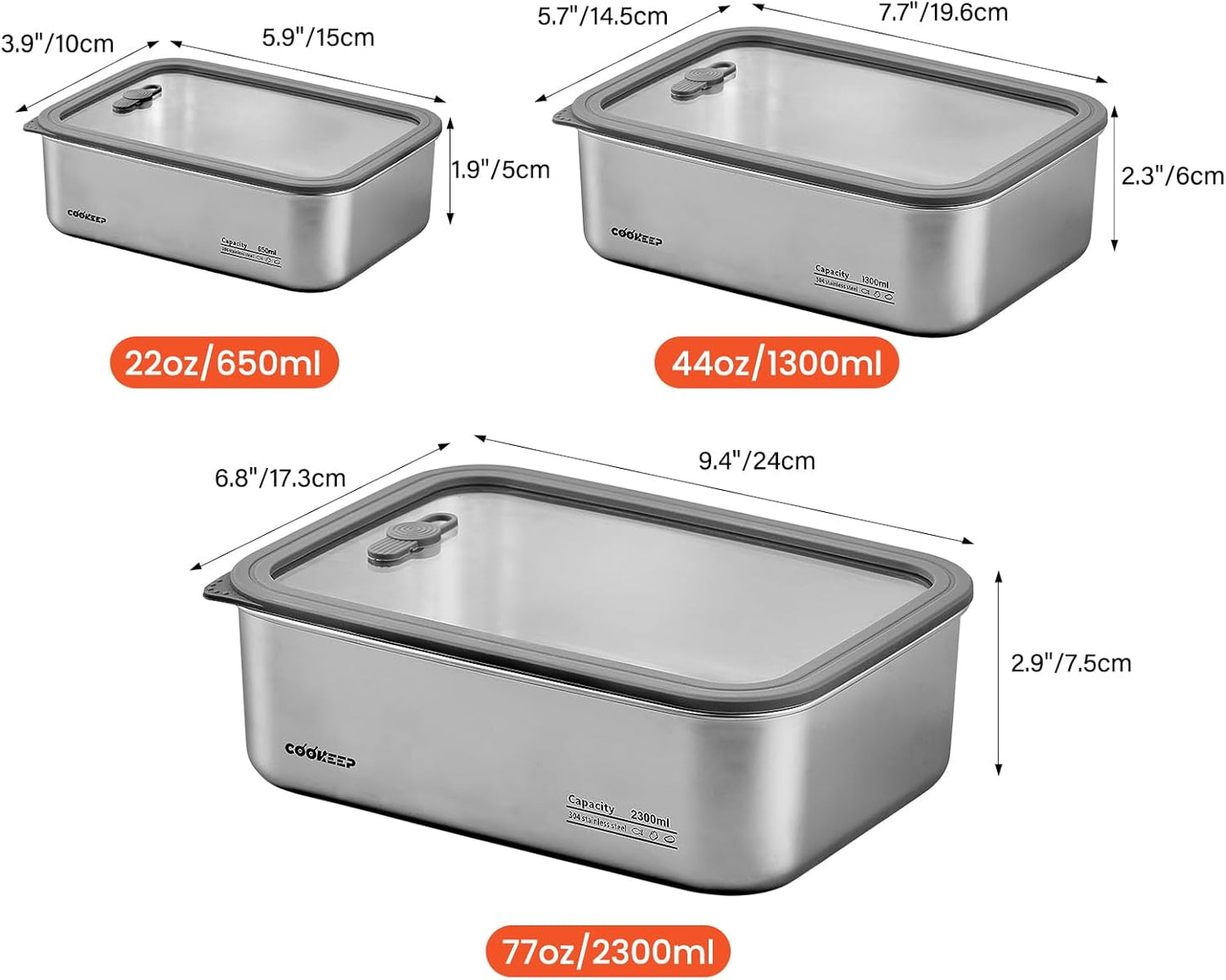 3 pcs Stainless steel food storage containers With lids，metal food storage containers with lids， lunch box，Easy Clean,Airtight & Leakproof for kitchen storage，Dishwasher safe (22oz+44oz+77oz)