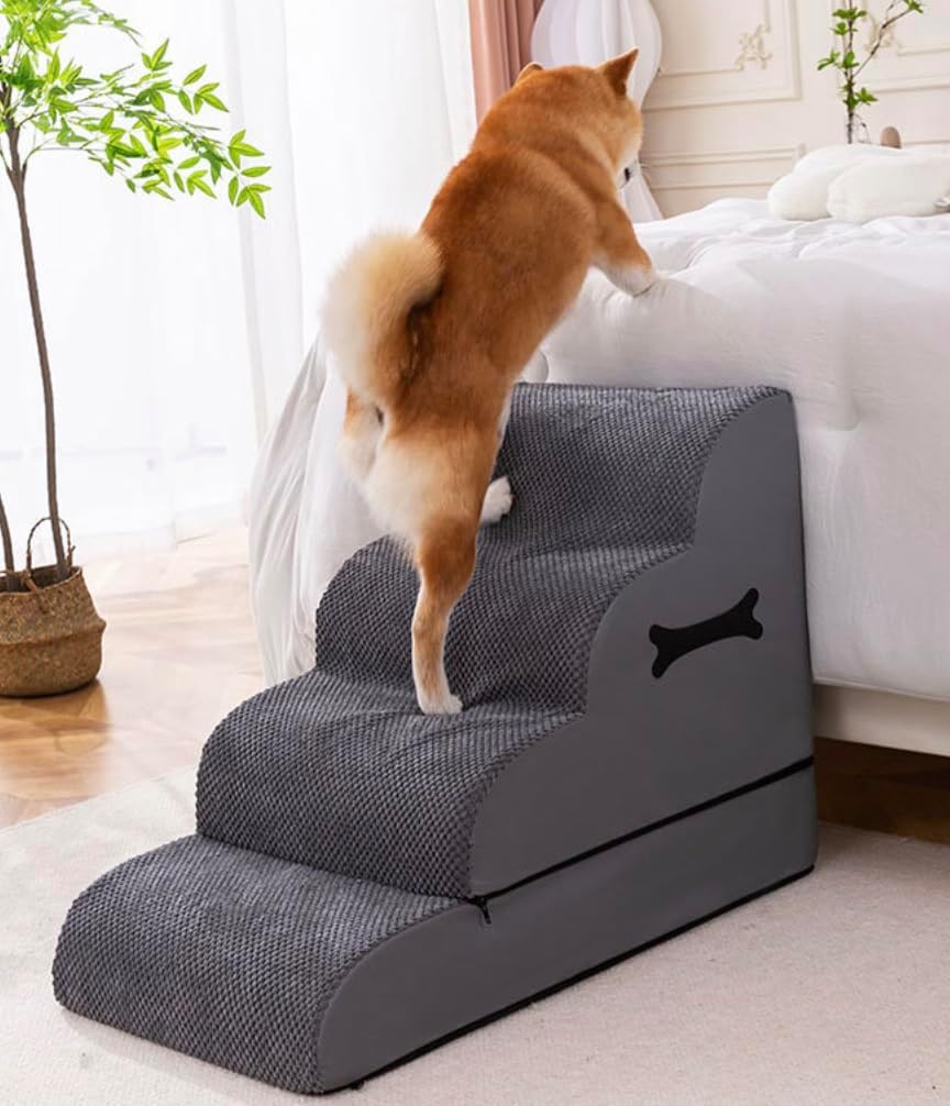 4-Step Grey Dog Stairs with High-Density Foam, Convertible 3–4 Tier Pet Ramp for Bed & Sofa, Non-Slip Base, Curved Anti-Slip Steps, Washable Cover, Indoor Ladder for Small Dogs, Cats & Injured Pets