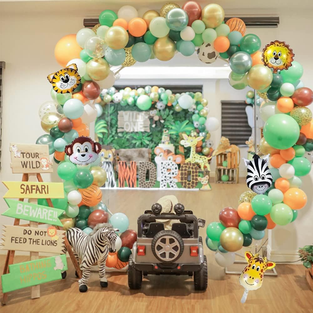 Safari Birthday Decorations, 58PC Wild Jungle Theme Party Supply Animal Balloon Garland Kit Baby Shower Decor for Boy with Monkey Tiger Lion Zebra Reusable Balloon Happy Birthday Banner Tablecloth