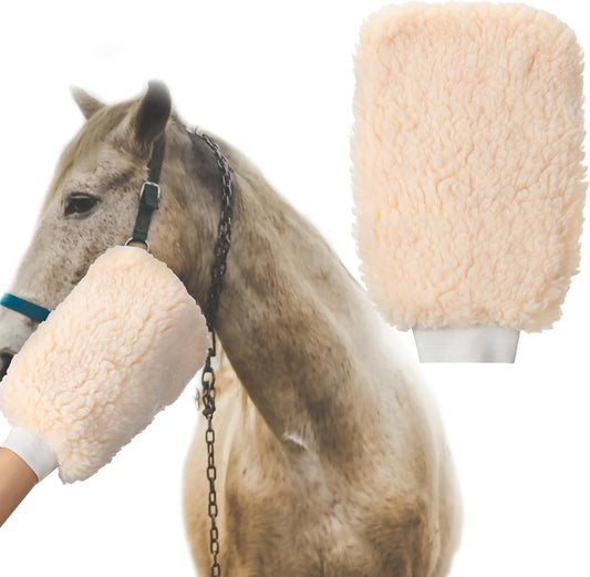 Fleece Applicator Wipe Mitt for Horses Lambskin Wool Grooming Mitts for Tack Cleaning Glove Soft White Mitts for Horse Bathing, Spreading Hair Treatments, Leather Care or Sensitive Horses and Dogs