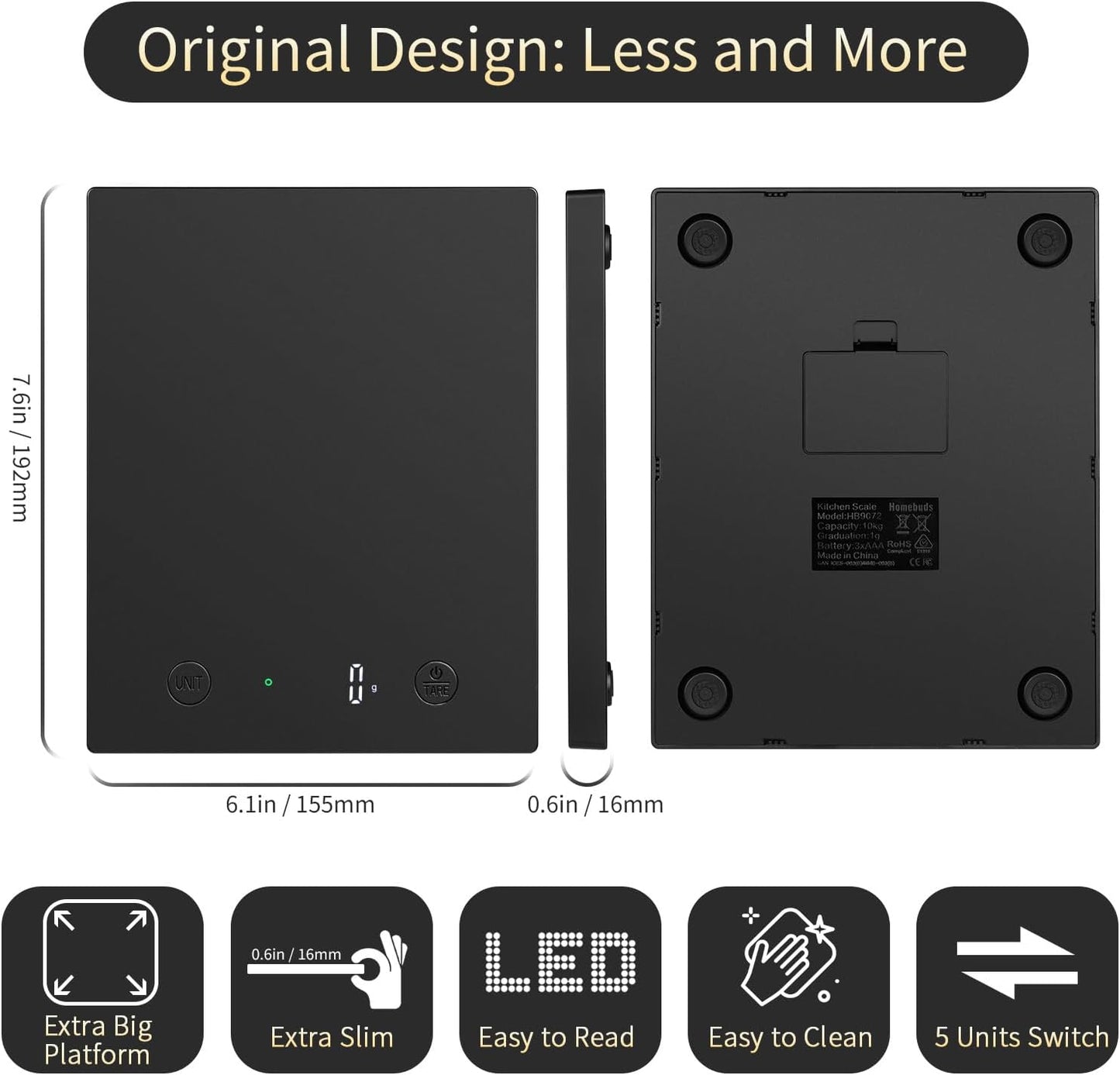 Homebuds 22lb/10kg Digital Food Scale in High Precision 0.1oz/1g, Our Own Kitchen Scale Professional Factory SINCE 2001, Home and Kitchen Essentials for Cooking and Baking, LED, 3*AAA Batteries, Black