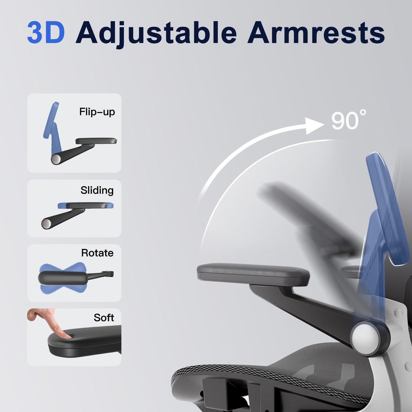 Ergonomic Office Chair, Mesh Seat Cushion with 3D Armrests and 3D Headrest, Adjustable Lumbar Support with 90-120° Rocking Function, Black