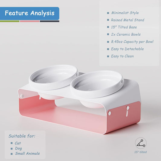 Elevated Cat Bowls Feeder - 16.9 oz Pet Food Water Ceramic Double Feeding Bowls with Non-Slip Tilted Raised Base for Kitten Puppy, Pink