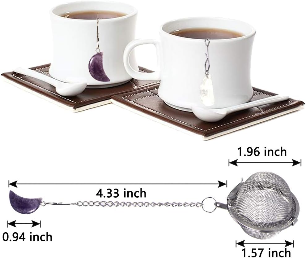2pcs Tea Strainers, Scdom Stainless Steel Ball Mesh Tea Infusers, Amethyst & White Crystal Moon Pendant Tea Ball Tea Filter with Extended Chain Hook for Brew Fine Loose Tea and Spices & Seasonings