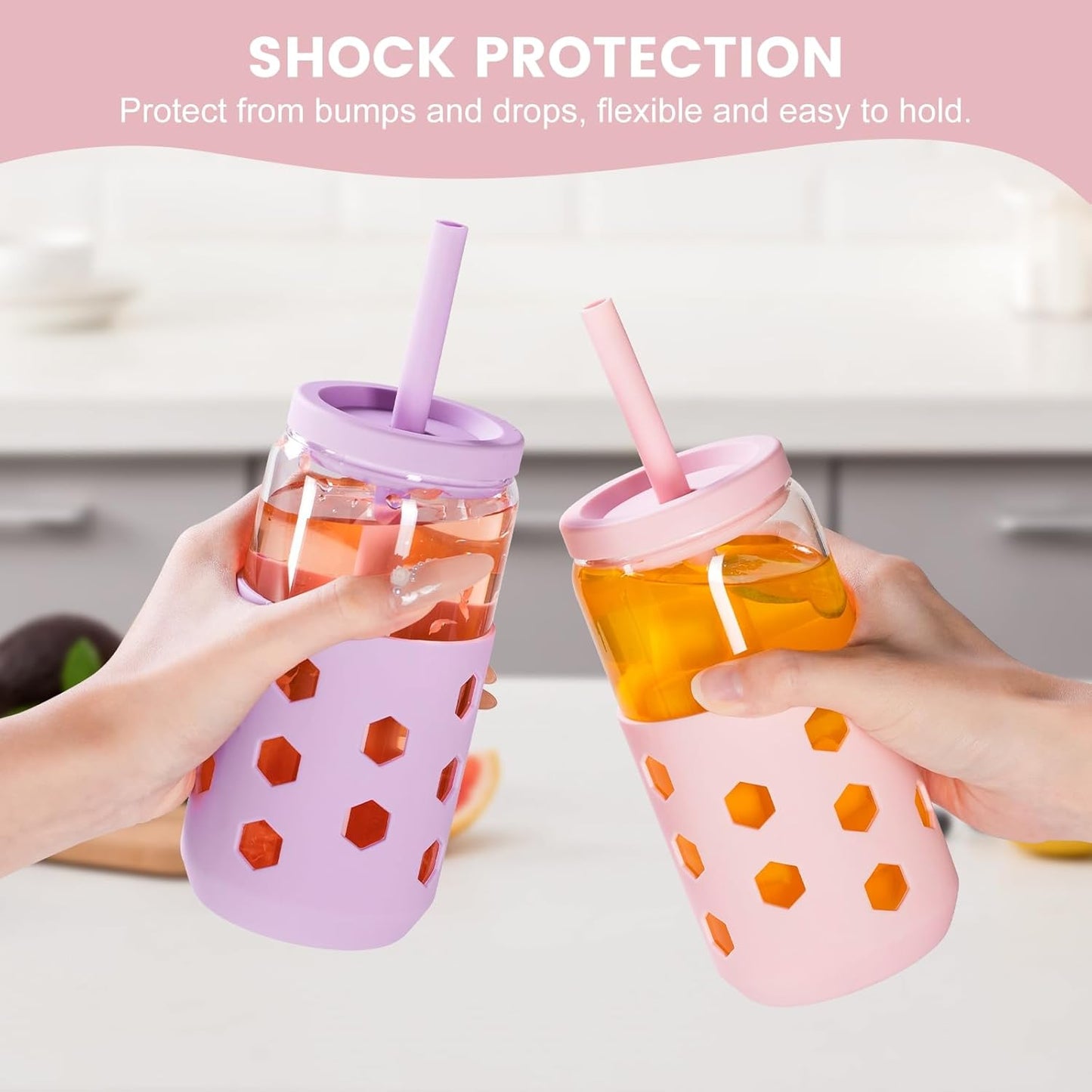 Glass Cups with Lids and Straws (4 Pcs), 16oz Drinking Glasses Set with Silicone Sleeves for Coffee Bar Accessories Iced Coffee Cups with Lids, Glass Tumbler Reusable for Gifts
