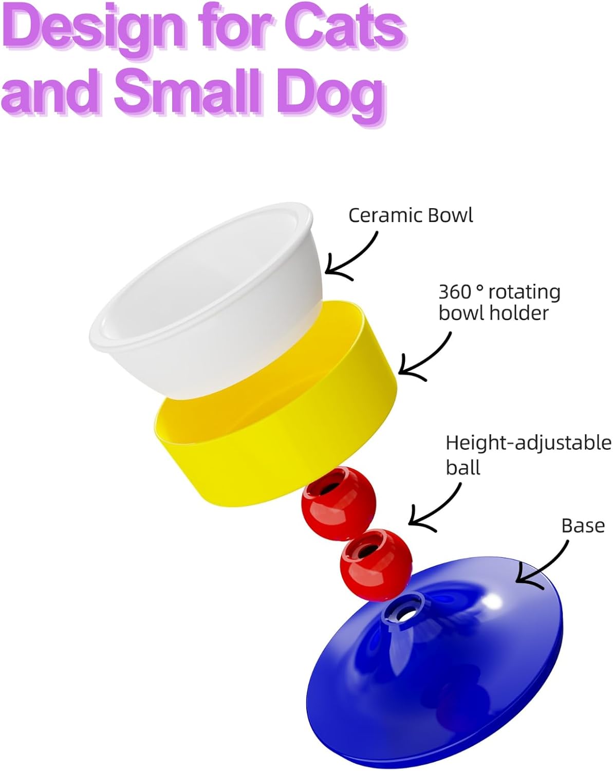 Elevated Raised Cat Pet Bowls - 15°Tilted 3 Heights Adjustable Indoor Cats Food Dish Stand, Cute Pet Water Feeder Ceramic Bowl, Neck Whisker Friendly & Anti-Vomiting Non Slip Kitten Puppy Supplies