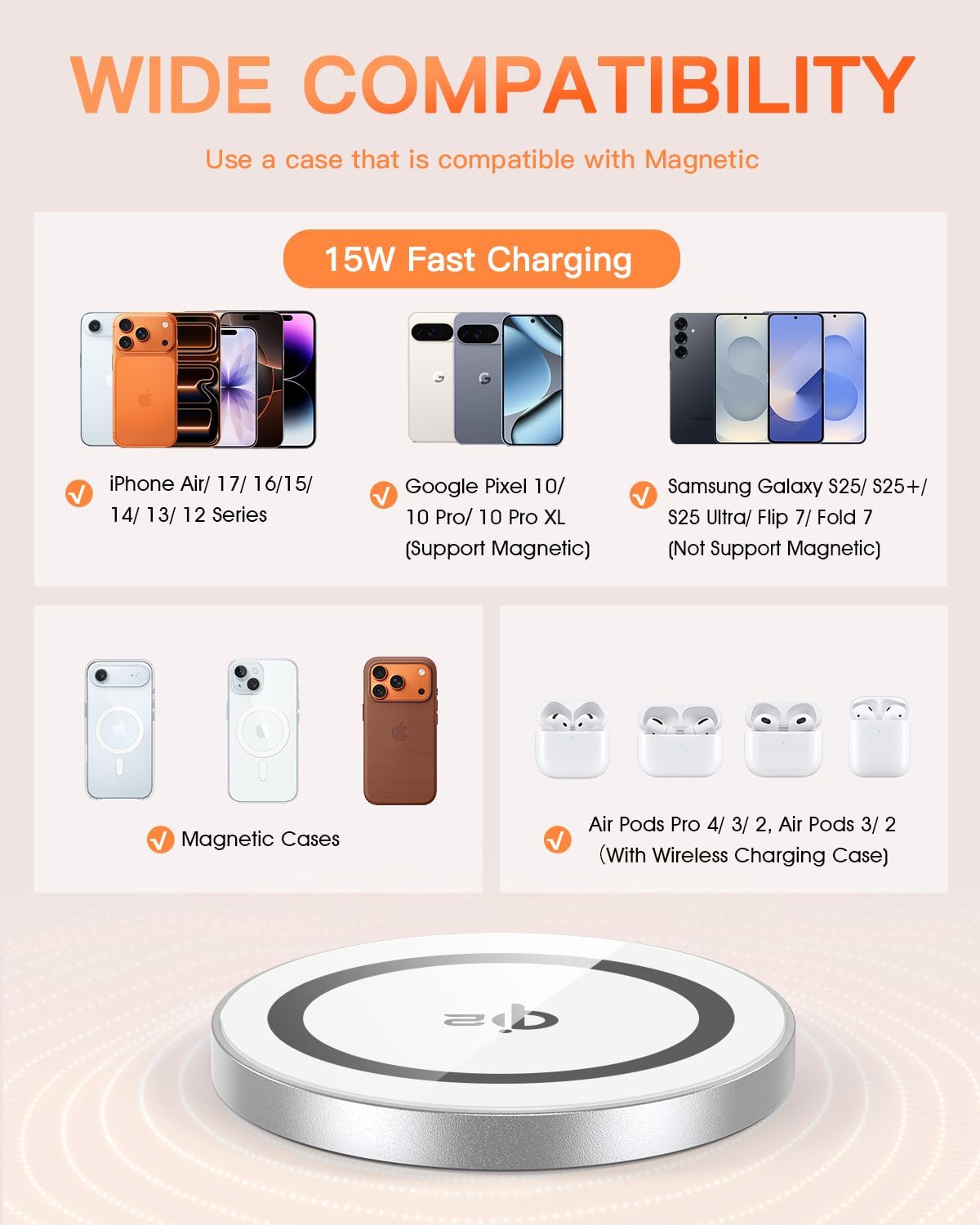 for Mag-Safe Charger 2 Pack,Qi2 Certified 15W Magnetic Wireless Charger Fast Charging Pad for iPhone 17 16 15 14 13 12&Airpods Pro 4 3 2&Samsung Galaxy S25&Pixel 10 Series,Strong Magnet,Ultra-Thin