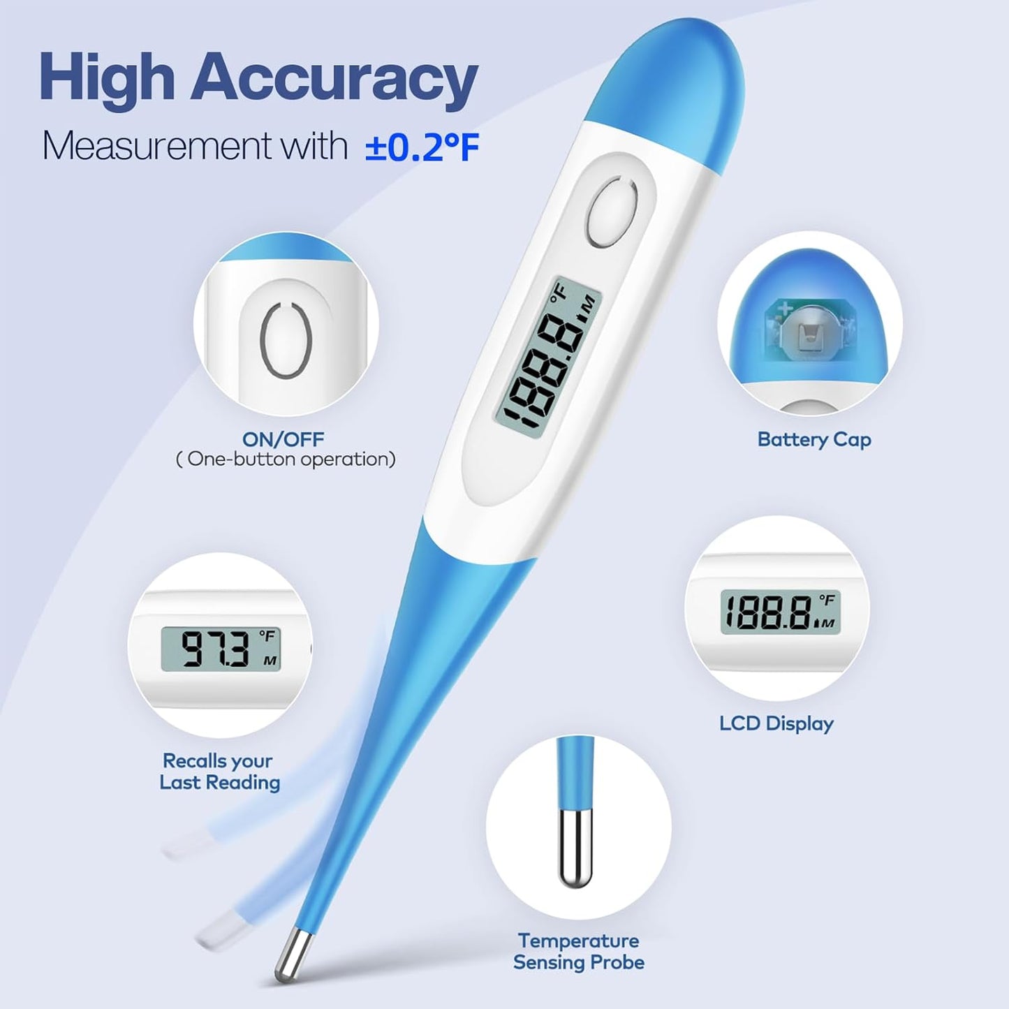 Boncare 10 Seconds Oral Thermometer for Adults and Kids - Accurate & Safe Rectal Thermometer for Baby with Fever Alarm, Digital Thermometer (Light Blue)