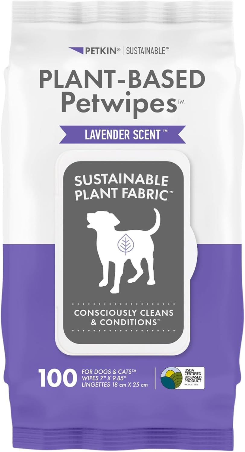 Petkin Plant-Based PetWipes, 100 Wipes - Biobased, Sustainable, Big & Thick Pet Wipes for Dogs & Cats - for Face, Paws, Ears, Body & Eye Area - Consciously Cleans & Conditions - Lavender