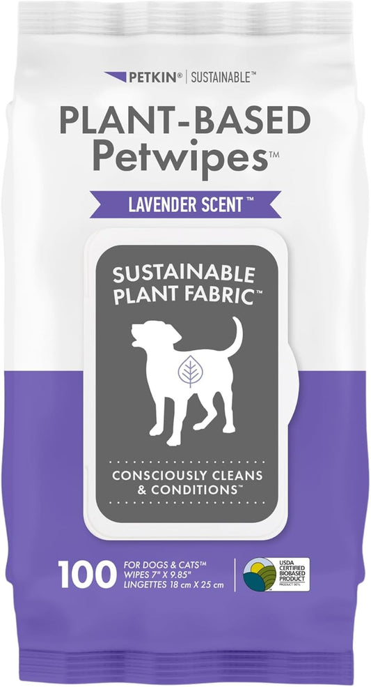 Petkin Plant-Based PetWipes, 100 Wipes - Biobased, Sustainable, Big & Thick Pet Wipes for Dogs & Cats - for Face, Paws, Ears, Body & Eye Area - Consciously Cleans & Conditions - Lavender