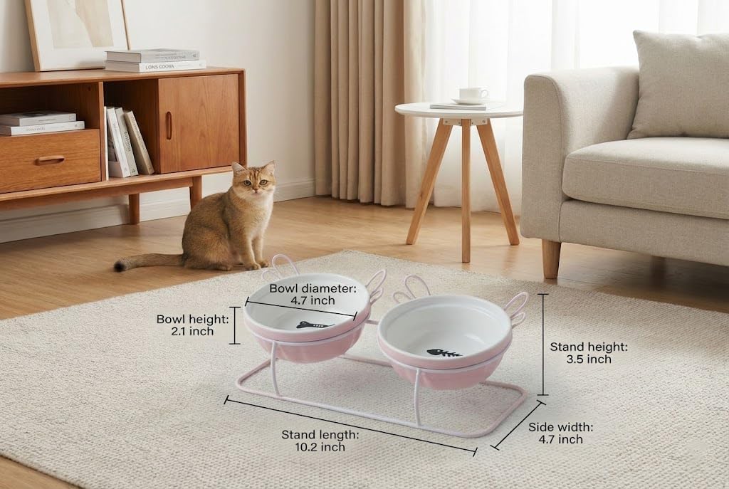 Elevated Tilted Cat Bowls with Metal Stand, Raised Ceramic Food and Water Bowls, Double Removable Dishes with Cute Wing Design, 15° Tilted Anti-Vomiting Pet Feeder, Non-Slip for Indoor Cats (Pink)
