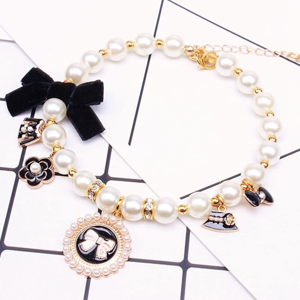Dog Pearl Collars Princess Bow Necklace Pet Necklace DogCute Collar Puppy Accessories Cat Jewelry Neck Strap for Dog Cat (M)