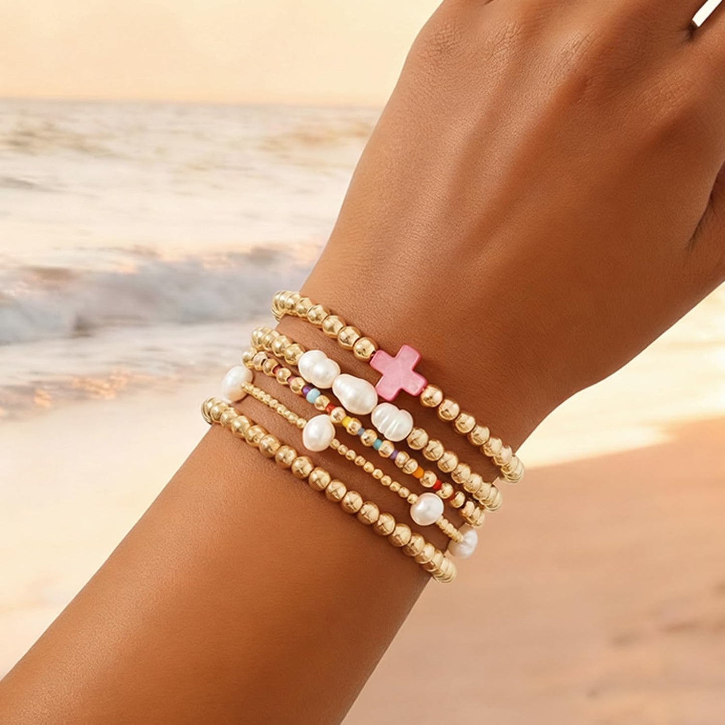 14K Gold Pearl Beaded Cross Bracelets Stack Set for Women,Stretch Boho Colorful Christian Beads Ball Jewelry Trendy Gift