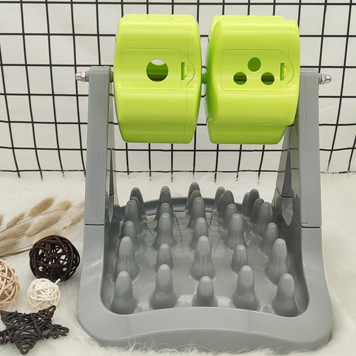 FAVOMOTO Automatic Dog Food Dispenser Slow Feeder Bowl, Anti-Choking Plastic Pet Feeding Tool with Rotating Food Puzzle, Gray and Green for Puppy Training and Interactive Feeding