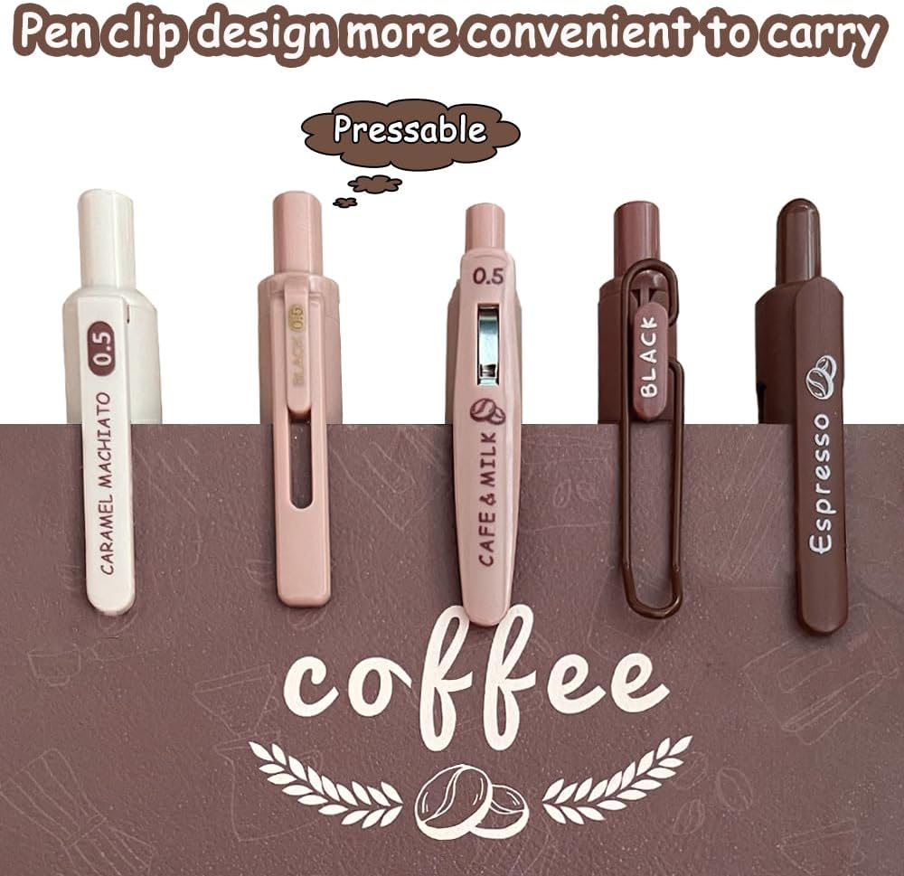 Cute Gel Pens 5Pcs Retractable Quick Dry Ink Pens 0.5mm Fine Point Black Ink Kawaii Smooth Writing Pens for School Office Supplies Aesthetic pretty pens (Coffee)