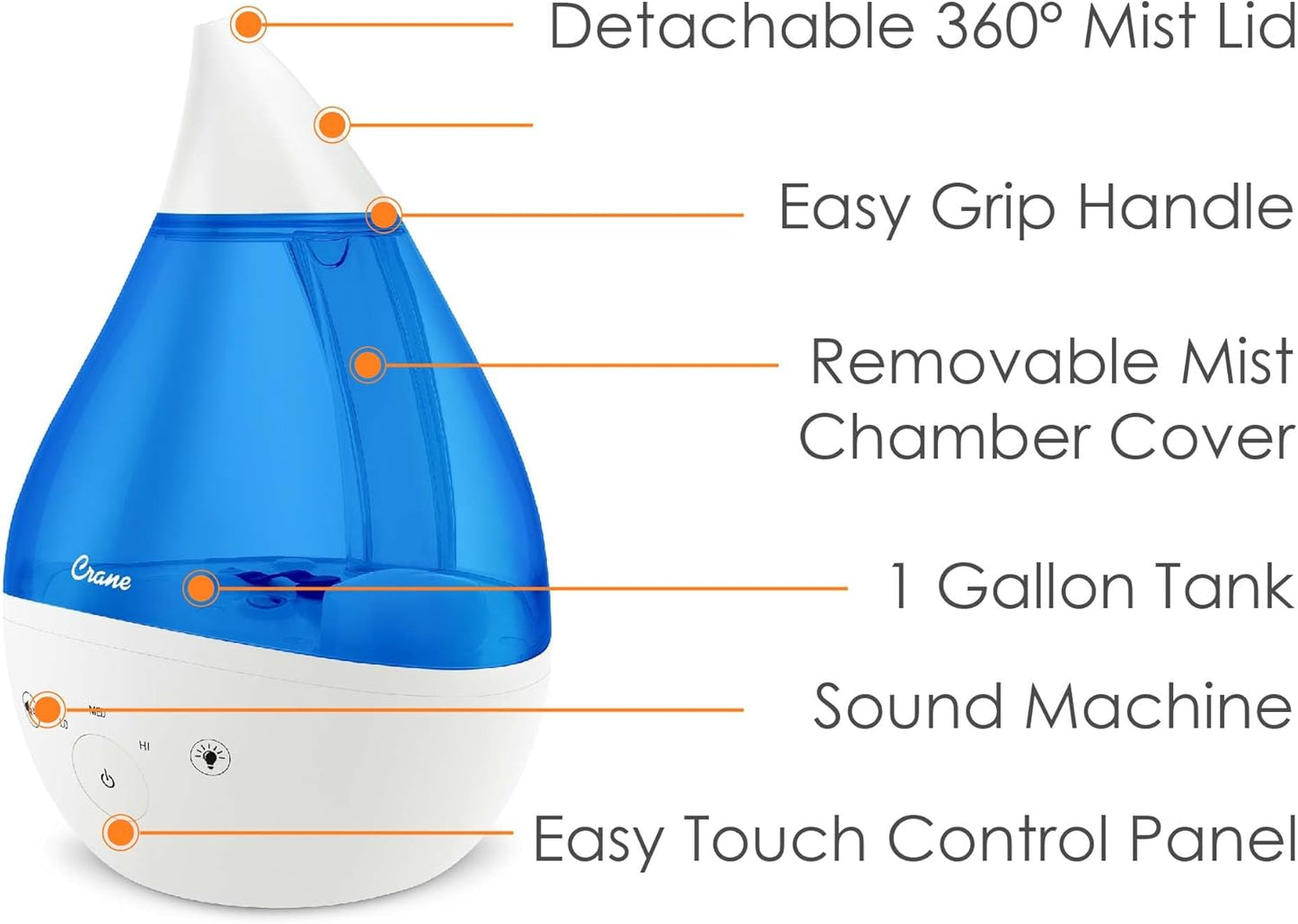 Crane 4-in-1 Drop 2.0 Ultrasonic Cool Mist Humidifier with Sound Machine, Night Light, Aroma Tray, 1 Gallon Top Fill, Blue & White