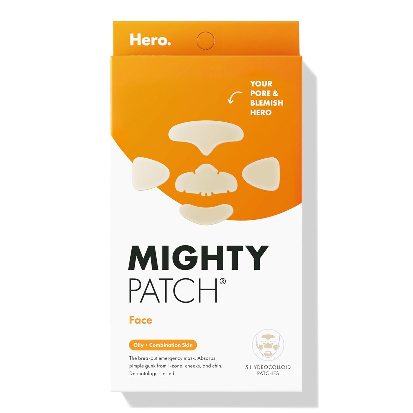 Mighty Patch™ Face Patch from Hero Cosmetics - XL Hydrocolloid Face Mask for Acne, 5 Large Pimple Patches for Zit Breakouts on Nose, Chin, Forehead & Cheeks - Korean Skin Care (1 Count)