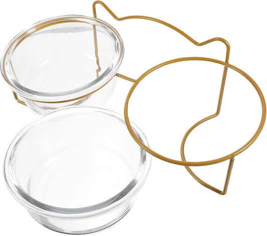 Milisten Elevated Double Glass Cat Dog Food Bowl with Tilted High Stand, Raised Pet Feeding Bowl for Cats and Dogs, Spill-Resistant Neck Guard Design