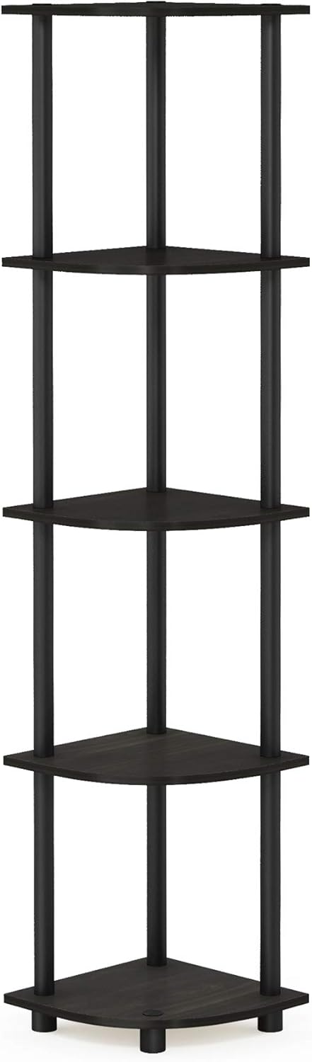 Furinno TURN-N-TUBE Corner Shelf, 5-Tier Corner Bookshelf, Open Storage Shelves, for Organization and Storage, Living Room, Home Office, Garage, Bedroom, Espresso