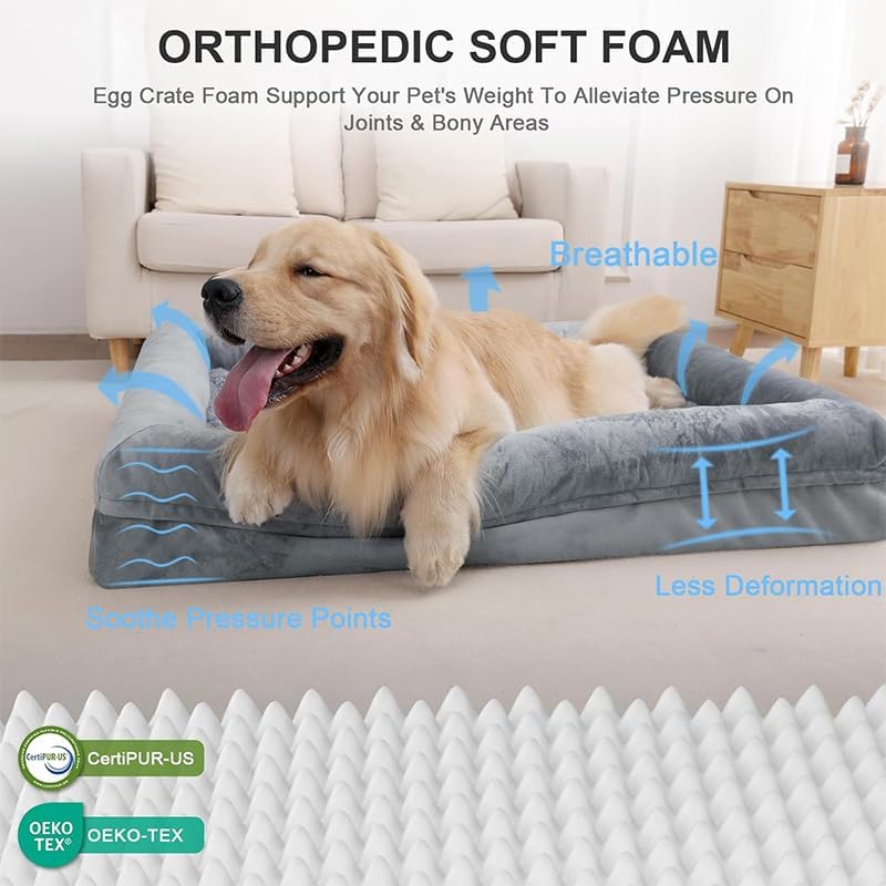 Washable Dog Bed with Plush Cushion – Machine Washable Pet Bed for Medium, Large & Extra Large Dogs – Soft Supportive Indoor Dog Bed