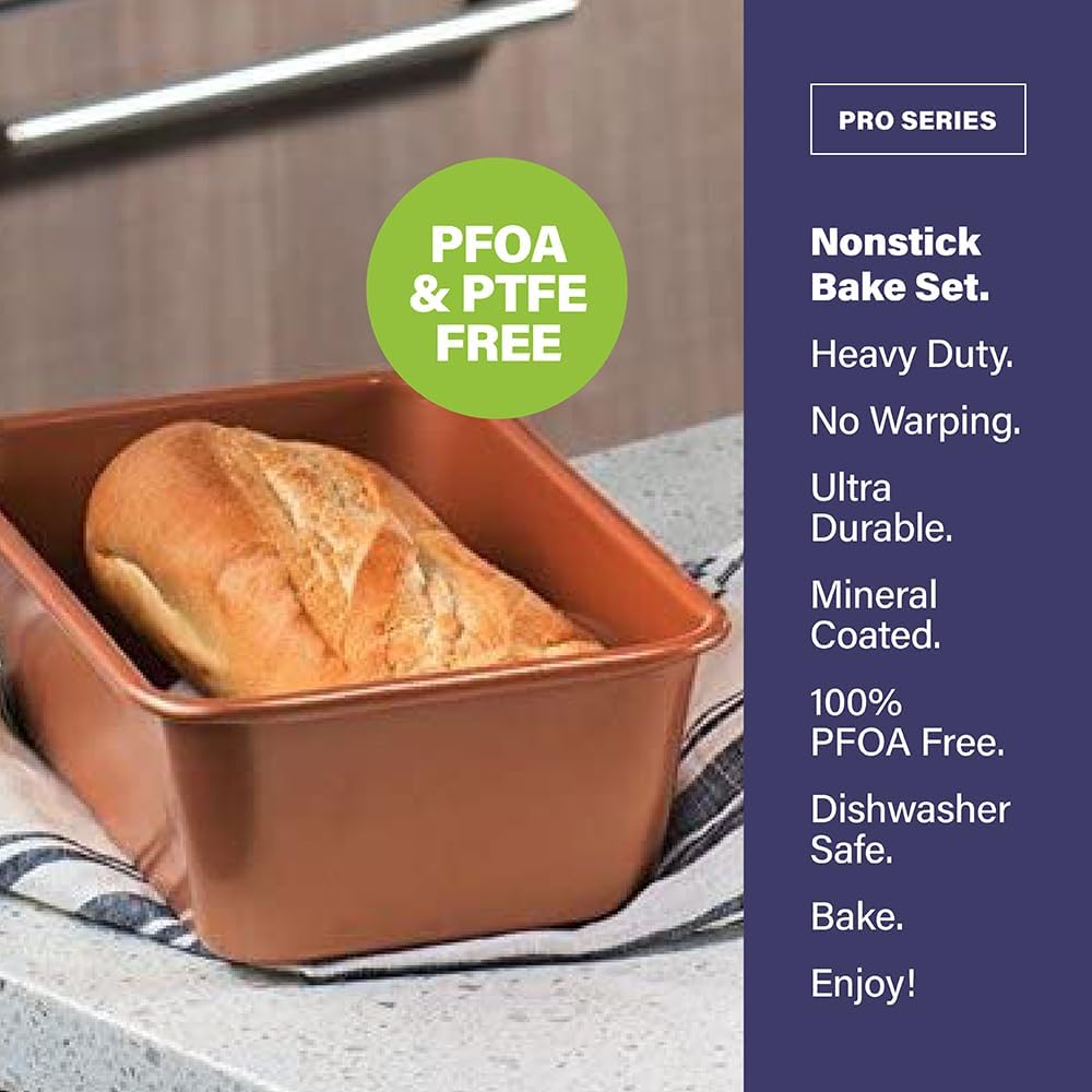 Gotham Steel Non Stick Ceramic Bakeware Set, 5 Piece No Warp & Dishwasher Safe Baking Set, Baking Pans Set with Round & Square Baking Pan, Muffin Pan, Loaf Pan & Baking Sheet for oven, 100% PFOA Free