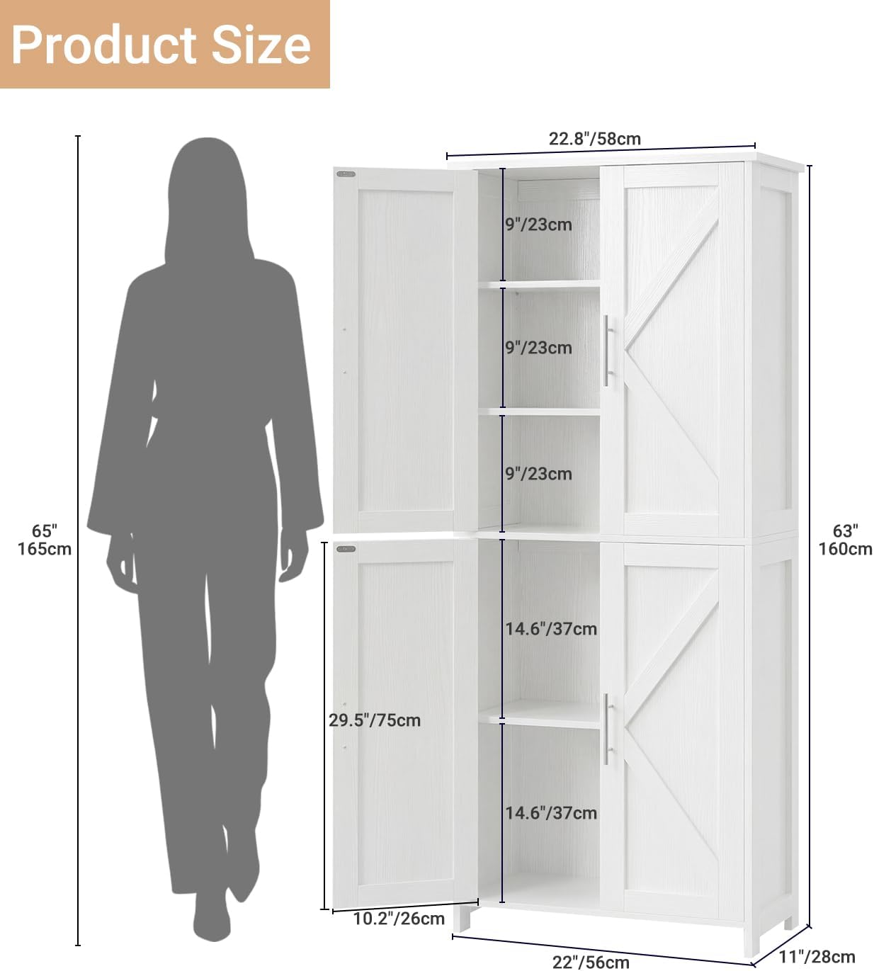 Tall Bathroom Storage Cabinet, 11 x 22.8 x 63 Inches, Floor Cabinet with Barn Doors, Adjustable Shelf, Linen Pantry Cabinet for for Kitchen, Laundry Room, Living Room, Entryway, White