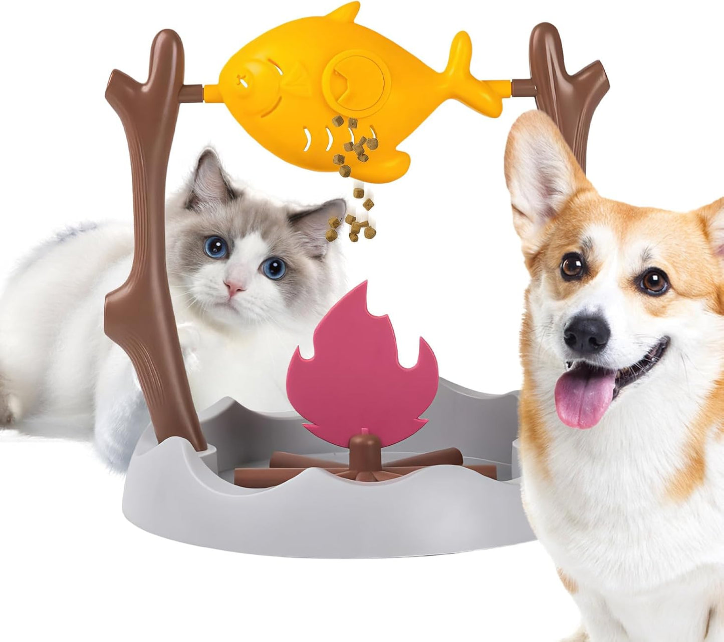 Cat Treat Dispenser Toy, Grilled Food Puzzle Slow Eating Training Game for Pets, Mealtime Mental Stimulation, Prevent Boredom, Home Living Room Feeding