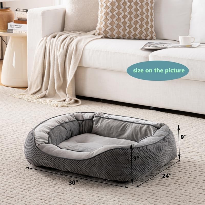 Happy Pets Luxury Orthopedic Pet Bed, Wide Stripe, Brown or Dark Gray Square Nest Bolster Design, Machine Washable Cover, for All Breeds (Dark Gray, 20" x 19" x 6")