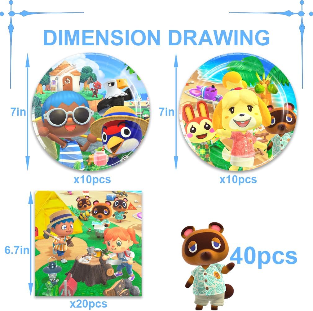Animal-Crossing Party Supplies 40pck include 20 plates, 20 napkins for the Animal Crossing birthday party decoration
