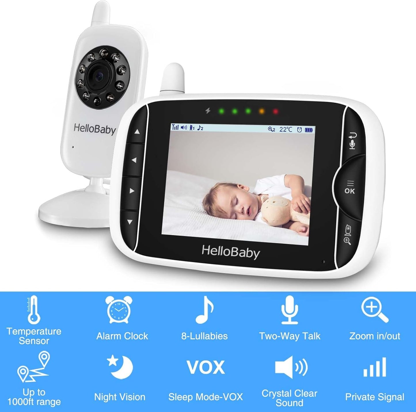HelloBaby Video Baby Monitor with Camera and Audio, 3.2Inch LCD Display, Infrared Night Vision, Two-Way Audio and Room Temperature Monitoring,Lullaby,Sound Activated Screen
