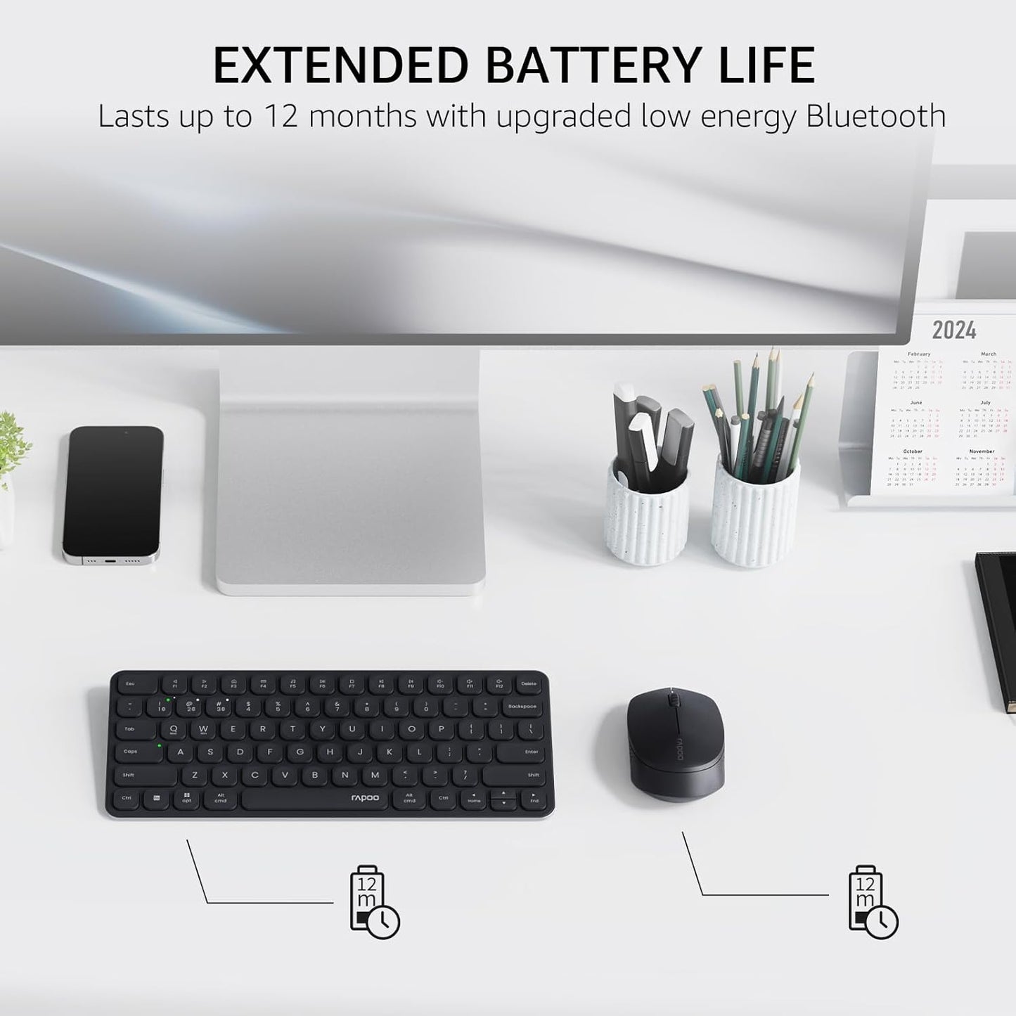 Rapoo 9010M Multi-Device Keyboard and Mouse Combo, 2.4GHz/Bluetooth 5.0/4.0 Wireless Keyboard & Mouse Set for Windows/Mac/Linux/Chrome, Support 4 Devices, Low-Profile Silent Click, Battery Powered
