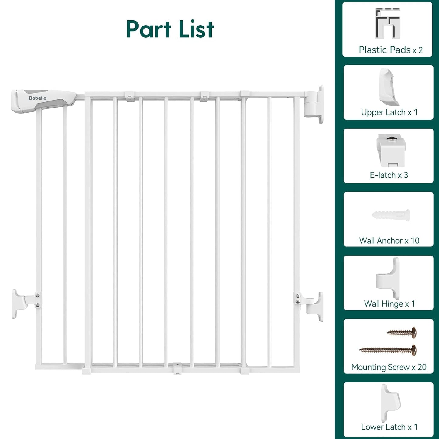 Babelio Baby Gate for Stairs, Kitchen & Doorways, 26-43" W 28" H No Bottom Bar| Easy Installation| One-Handed Operation| Auto-Close| Hardware Mount (Drill Needed) Safety Dog/Pet Gate Indoor (White)