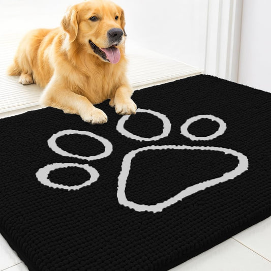 MUDGUARD MAT™ Dog Door Mat with Paw Design for Muddy Paws, Super Absorbent Microfiber, Non-Slip Indoor Mat, Quick-Dry Chenille Rug for Pets & Entryway, Machine Washable, Black 16" x 24"